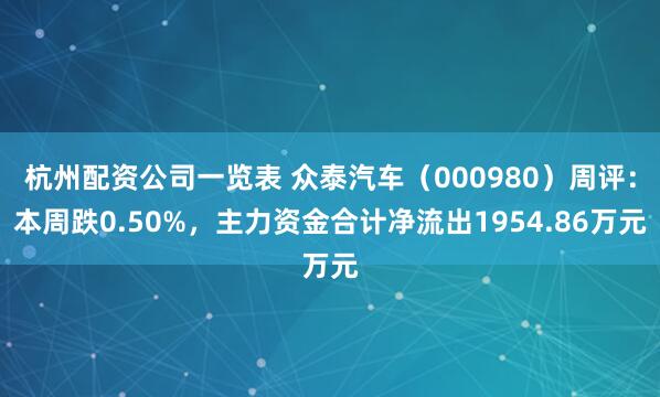 杭州配资公司一览表 众泰汽车（000980）周评：本周跌0.50%，主力资金合计净流出1954.86万元
